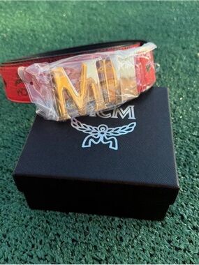 MCM Red Leather Belt with Gold 'M' Buckle
